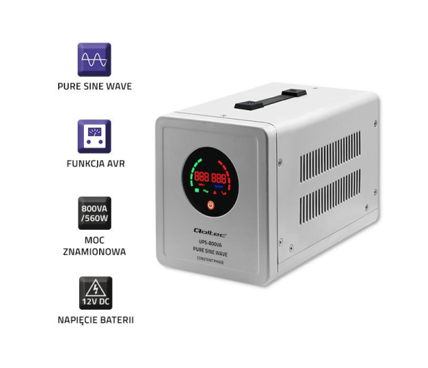 Qoltec Pure Sine Wave UPS | 800VA | 560W | Stała faza | Szary - 1088151 - zdjęcie 2